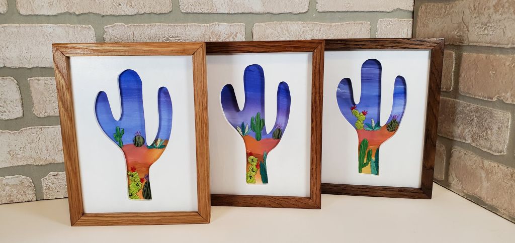 Examples of Cactus silhouettes with a desert scene background and embroidered cactus plant designs on the inside.