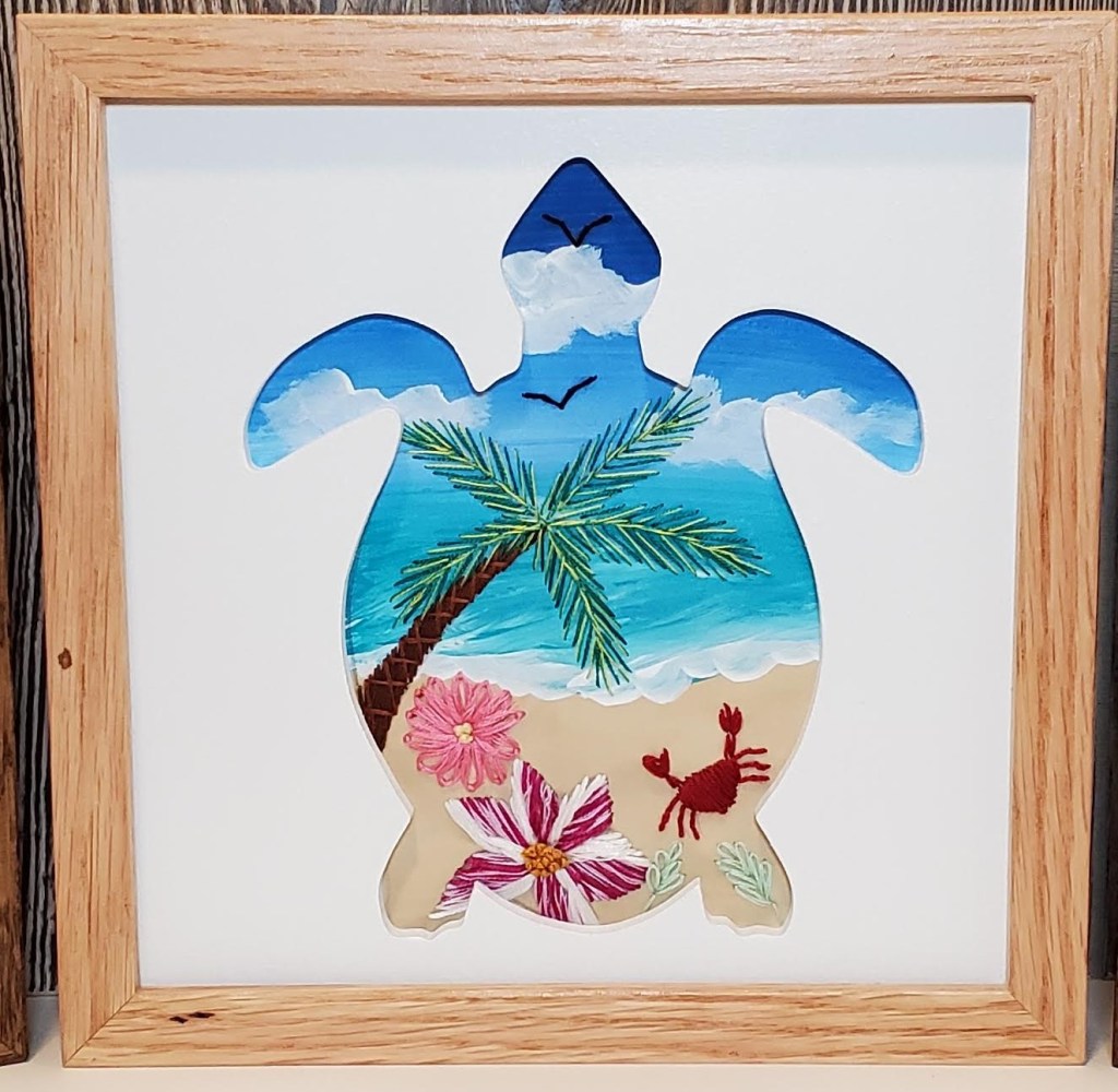 Sea Turtle silhouette with beach scene background and embroidered palm tree, tropical flowers and crab detail