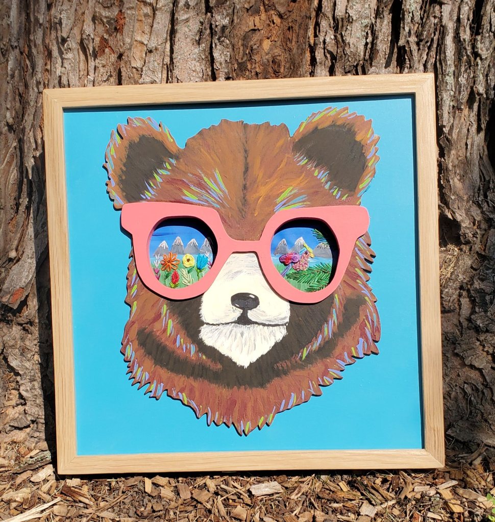 Bear face with pink sunglasses. Embroidered details inside the glasses.
